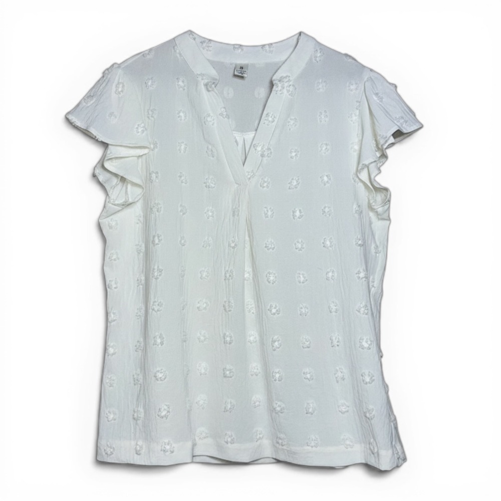 Blooming Jelly White Swiss Dot Flutter Sleeve‎ Split V-Neck Blouse Top Large - Picture 5 of 10